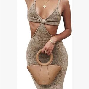 Elegant Tan Knit Cut-Out Dress
